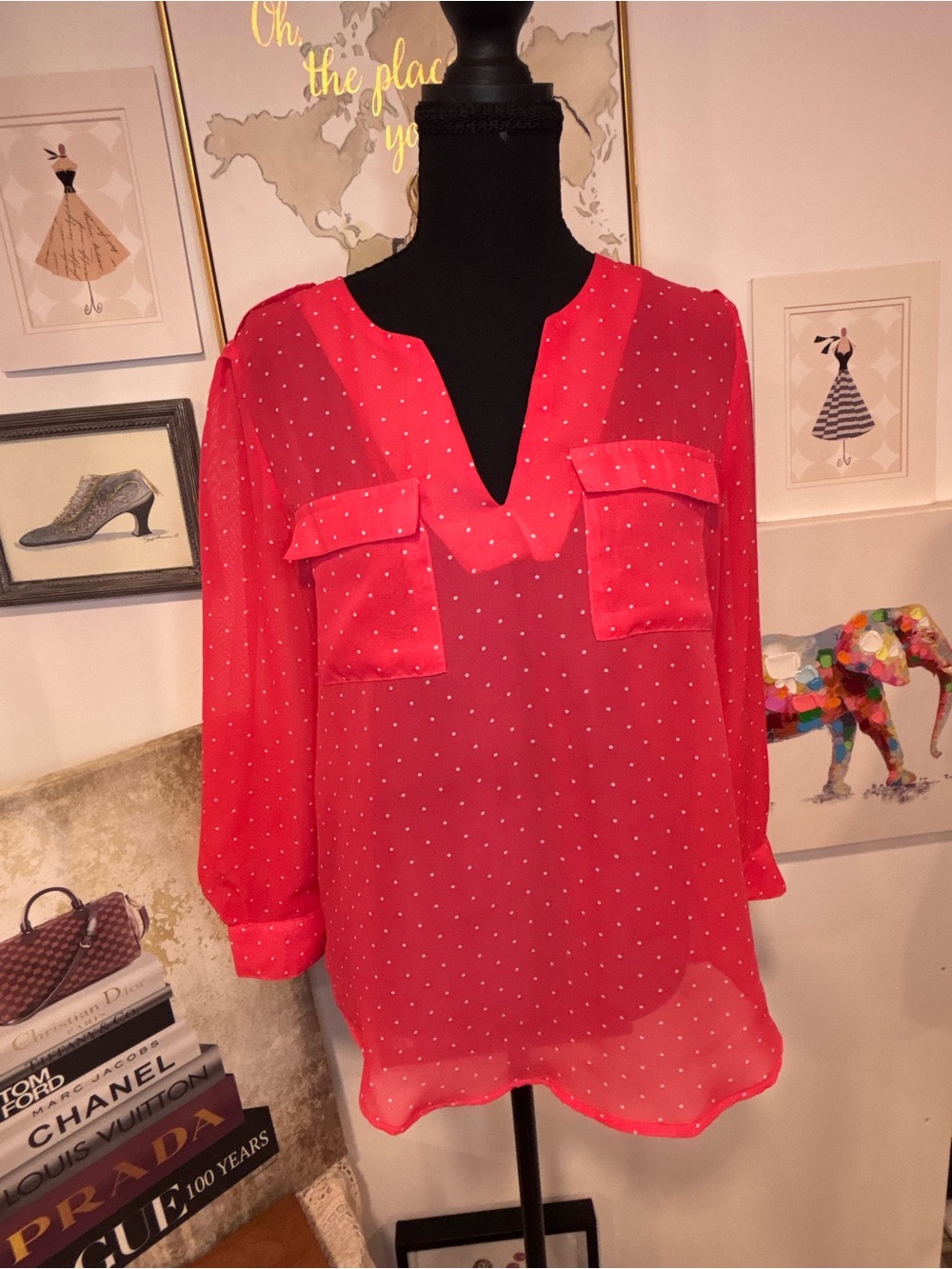 GAP Red Sheer Polka Dot V-Neck Blouse
